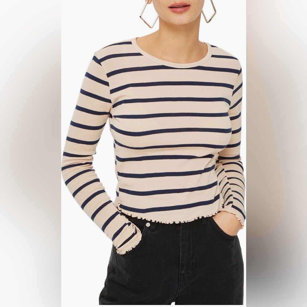 TOPSHOP Petite Stripe Lettuce Trim T-shirt - Picture 1 of 9